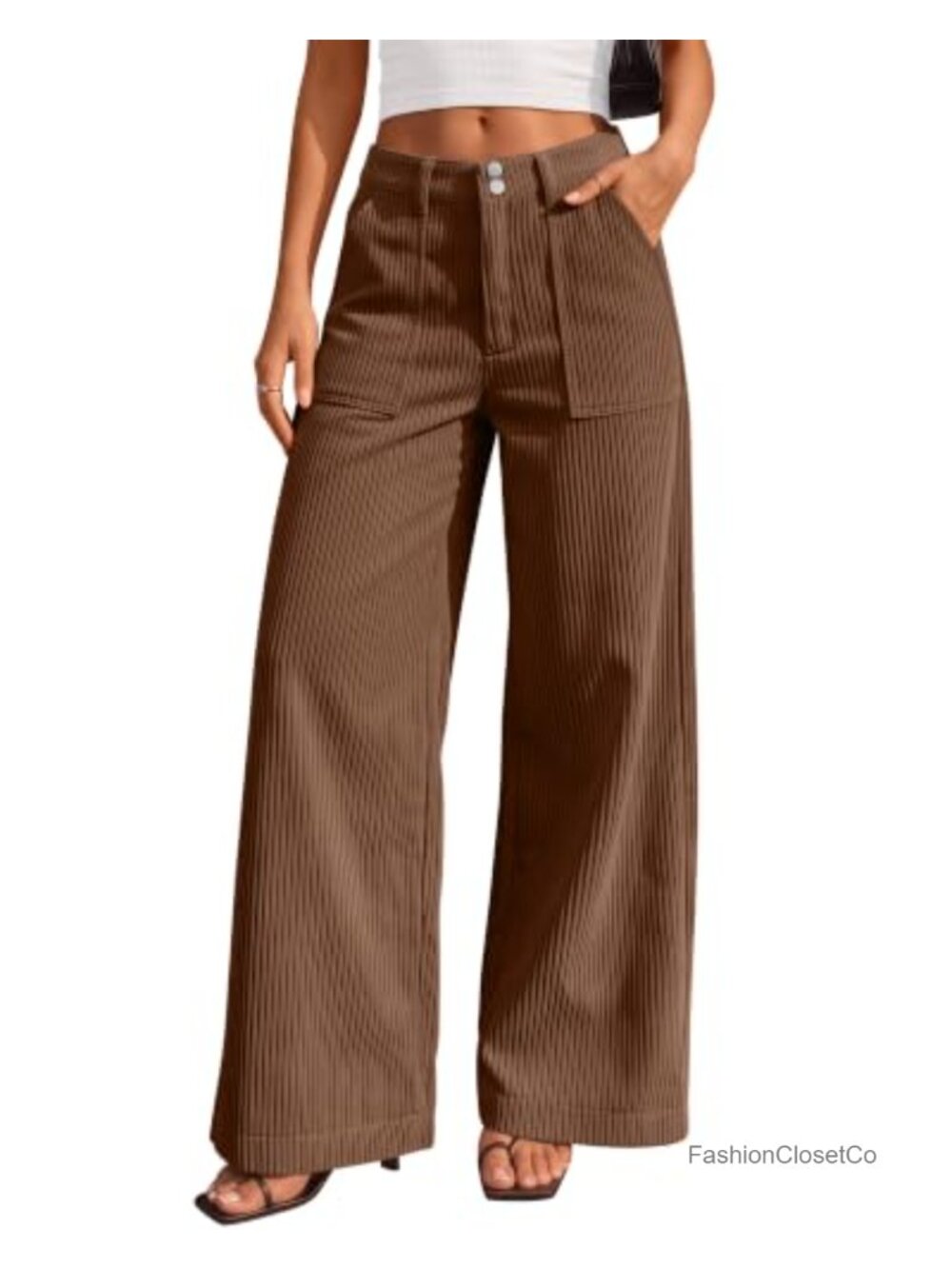 Wide Leg Corduroy Pants 100% Polyester Elastic Waist Patch Pockets